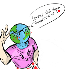 a drawing of a person with a globe head says server shut down tomorrow at 3