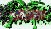 a group of people standing in front of a large green robot