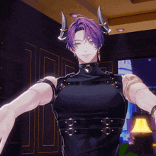 a man with purple hair and horns stands in a room
