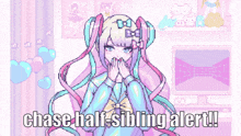 a pixel art of a girl with the words " chase half-sibling alert " on the bottom