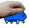 a pixel art of a hand holding a blue cartoon character .