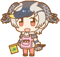 a cartoon drawing of a girl with a bird on her head holding a yellow flag