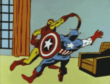 a cartoon of captain america and iron man fighting in a living room