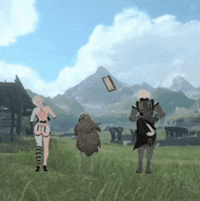 a group of cartoon characters are standing in a field with mountains in the background