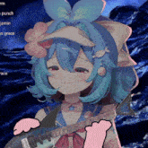a girl with blue hair is holding a guitar that says killer