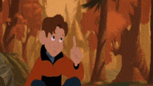 a cartoon boy is pointing up with the words just up in green letters