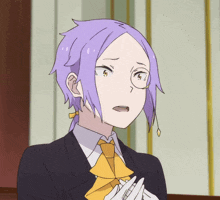 a man with purple hair and a yellow tie