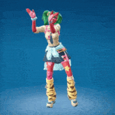 a girl with green hair and horns is dancing with her arms in the air