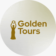 a logo for golden tours with a woman in a gown