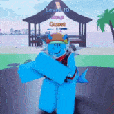 a blue roblox character is holding a blue block in front of a gazebo on a beach .