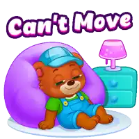 a teddy bear is laying on a purple bean bag chair with the words " can 't move " below him