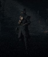 a man in a black coat and hat stands in a dark forest
