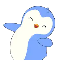 a blue and white penguin with a red beak is smiling