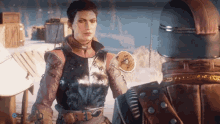 a woman in armor stands next to a man in a helmet in a video game that says " skip " on the bottom