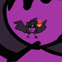 a drawing of a black bird with a flame in its beak