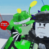 a cartoon character says " us " next to a cartoon character wearing a green hat