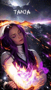 a woman with purple hair is surrounded by fire and the name tanja