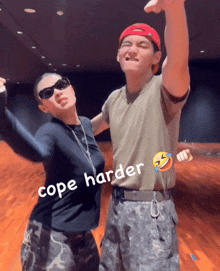 a man and a woman are posing for a picture with the caption cope harder on the bottom