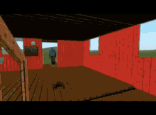 a computer generated image of a house with red walls and a clock on the wall