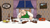 a cartoon of a man sitting at a table with beer inn bottles