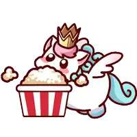 a unicorn wearing a crown eating popcorn from a striped bucket