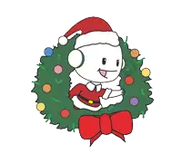 a cartoon drawing of a person wearing a santa hat and headphones sitting in a christmas wreath