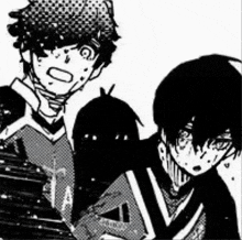 a couple of anime characters standing next to each other in a black and white drawing .
