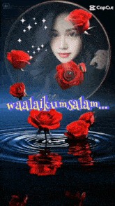 a picture of a girl with red roses and the words waalaikumsalam