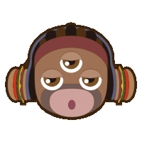 a cartoon drawing of a person wearing headphones with three eyes