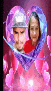 a man and a woman are in a heart surrounded by hearts