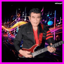 a man in a black jacket is playing a red guitar in front of music notes