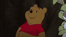 winnie the pooh and a rabbit are standing next to each other and the rabbit says " see "