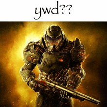 a picture of a doom slayer holding a shotgun with gwd written on the bottom