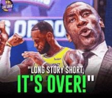 a man in a suit and tie is saying " long story short it 's over " .