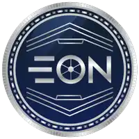a blue and silver coin with the word eon in the center