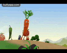 a group of cartoon vegetables are walking down a dirt road .