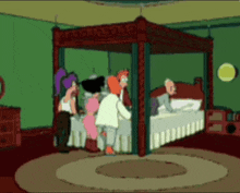 a group of cartoon characters are standing around a bed with a canopy