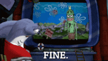 a shark is looking at a spongebob cartoon on a television screen and says fine