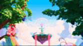 a cartoon scene with a rainbow , trees , flowers , and a flower in the middle of it .