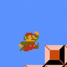 a pixel art of a man in red overalls standing on a block