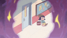 a cartoon girl is kneeling down with a can of grease