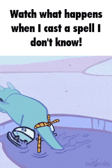 a cartoon character is doing a handstand in the water with the caption watch what happens