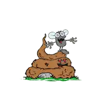 a cartoon of a fly sitting on a pile of poop surrounded by hearts
