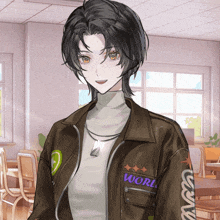 a girl wearing a jacket that says work on the sleeve