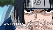 a close up of a person covering their mouth with their hand and the words `` now it feels losing to that toxic me '' .