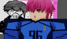 a girl with pink hair is wearing a blue shirt with the number 96