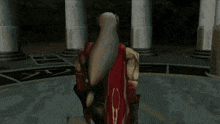 a video game character is standing in a room with columns and a red cape .