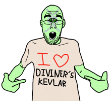 a cartoon drawing of a man wearing a shirt that says i love diviner 's kevlar