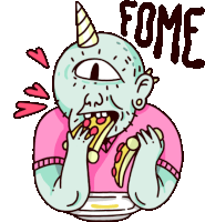 a cartoon of a monster eating a slice of pizza with the word fome above it