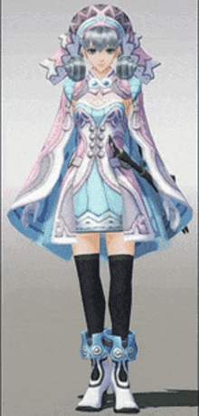 a girl in a pink and blue dress is holding a gun